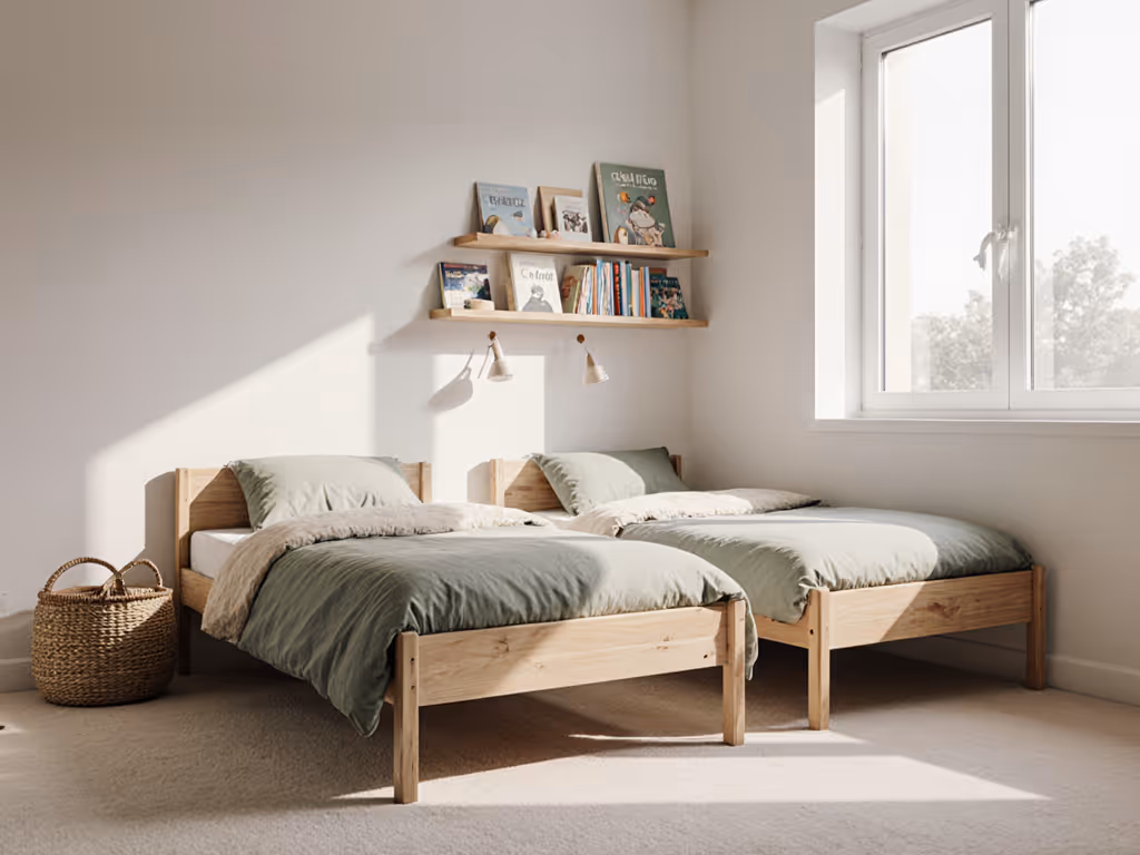 two_toddler_beds_angled_in_small_bedroom_with_storage